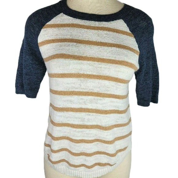 J.CREW Tops - J Crew Womens Size XS Blue White Brown Linen Blend Knit Casual Blouse Shirt